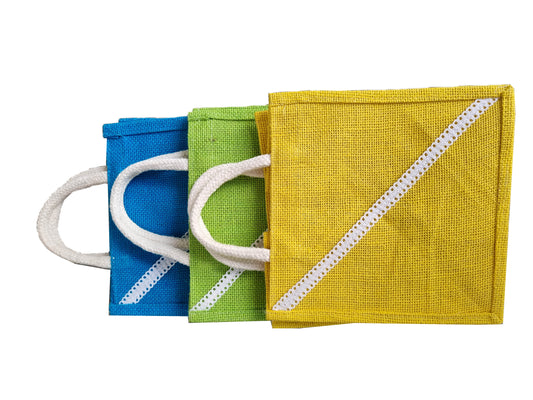 Jute Bag 5 Bag Yoga Printed Tiffin/Shopping/Grocery Hand Bag with Zip & Handle for Men and Women, Jute Bags for Lunch Box, (Pack of 5)