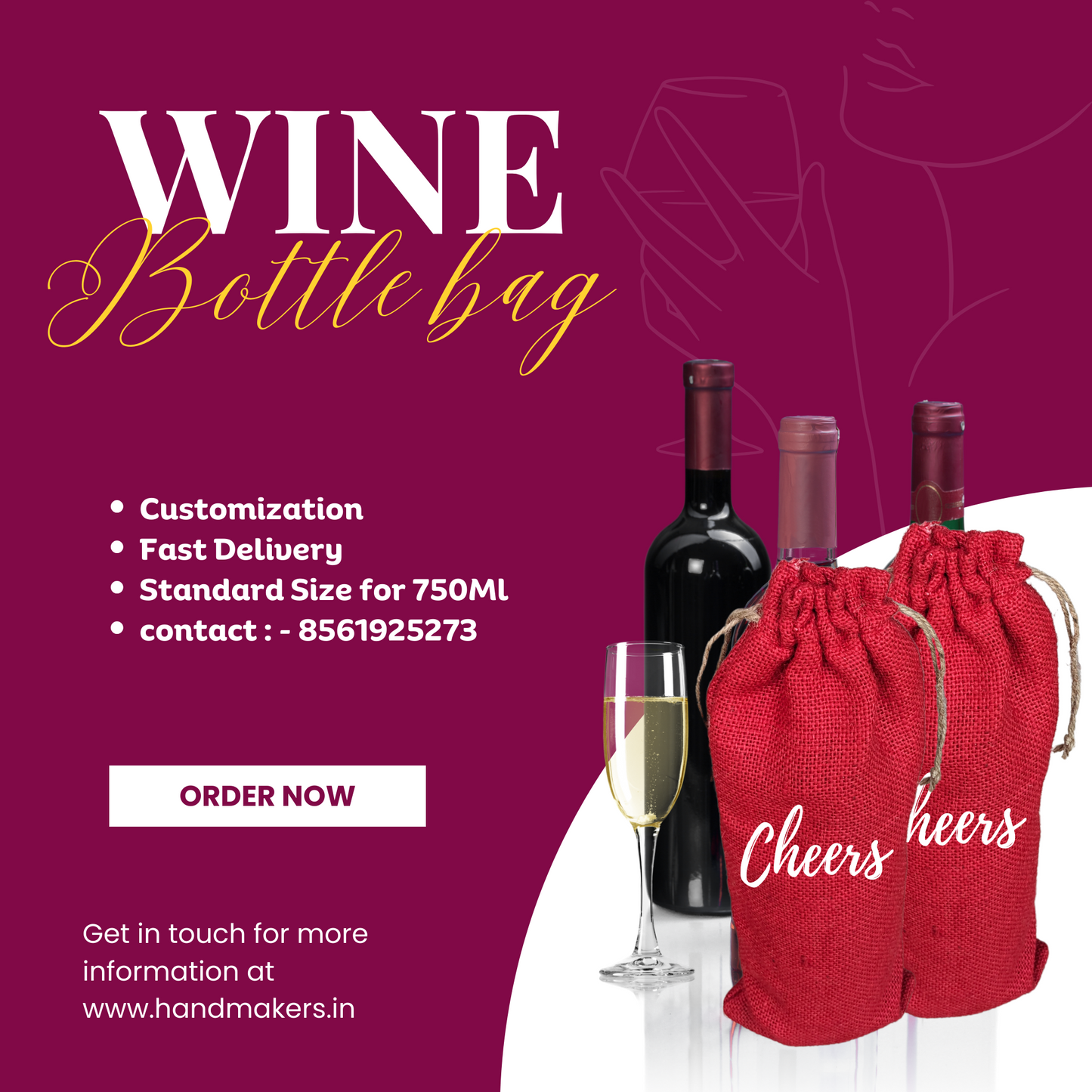 Handmakers Natural Red Jute Wine Bottle Bags with Cheers Print Wine Bags Pack of 5