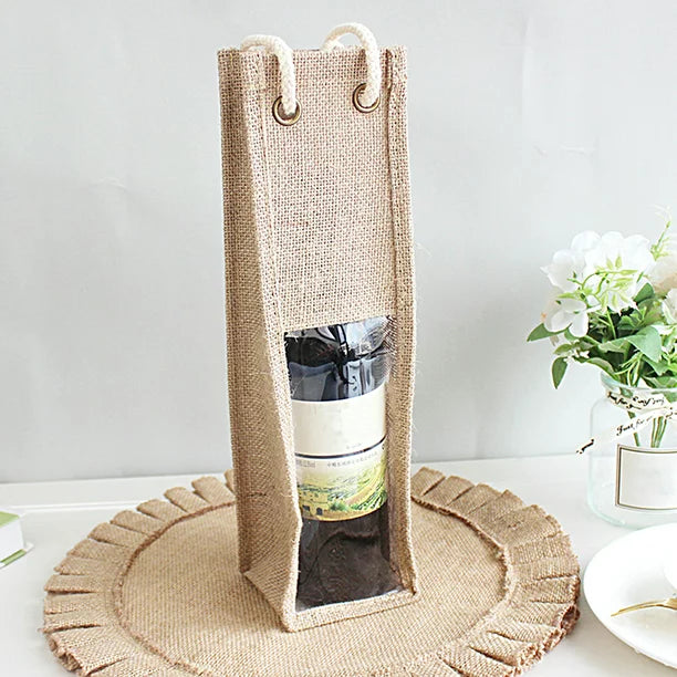 Handmakers Reusable Versatile Burlap Wine Bottle Bag | 1 Litre Water Bottle Cover Bag | Bottle for Office | Pack of 4 | Party Jute Gift Bags