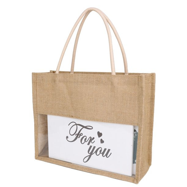 Handmakers Eco-Friendly Burlap Tote Bags with Clear PVC Window – Large Reusable Jute Gift Bags for Bridesmaids, Beach, Shopping & Bulk Gifting (15"x12.2"x5.3")