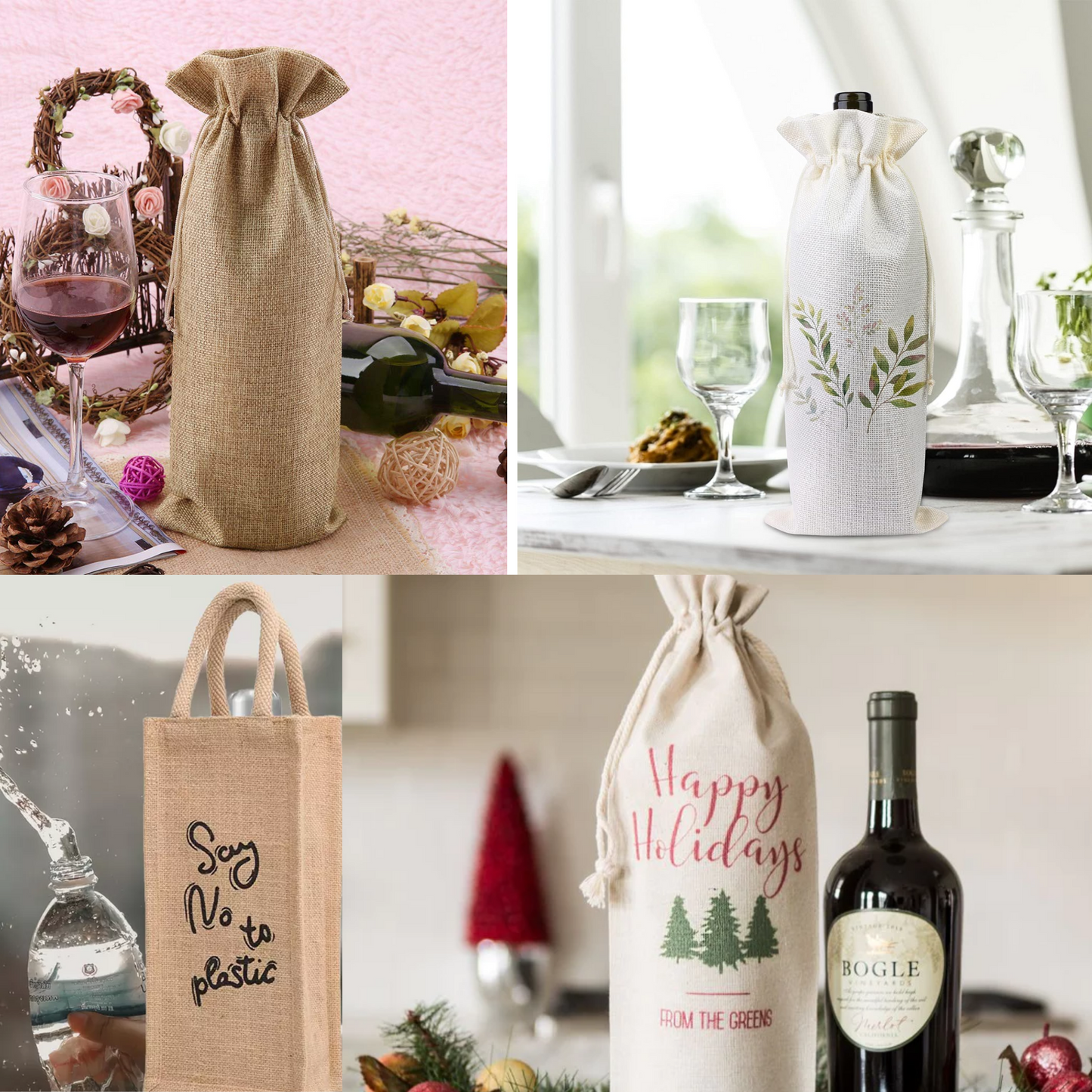 Handmakers Red Wine Bottle Bags – Burlap Gift Bags with Tags, Pack of 5