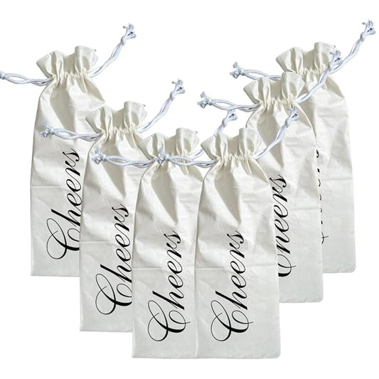 Handmakers Natural Pure White Wine Bottle Bags with Cheers Print Wine Bags Pack of 6