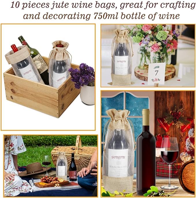 Handmakers Natural Jute Wine Bottle Bags for 750 Ml Bottles | Jute Transparent Bottle Bags