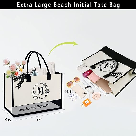 Personalized Initial Canvas Tote Bag with Makeup Pouch – Custom Gift for Women, Bridesmaids, Teachers & Birthdays