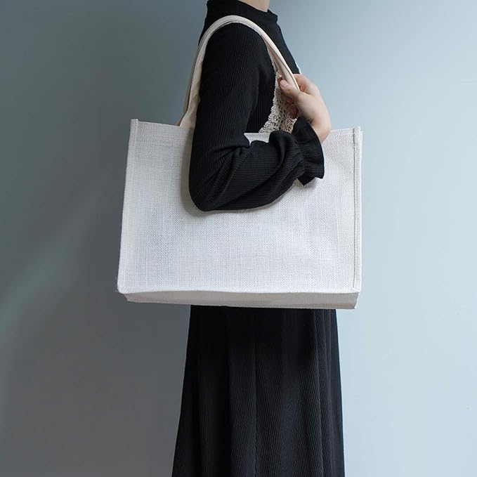 6 Pack White Jute Tote Bags with Handles – Large Reusable Burlap Gift Bags for Bridesmaids, Weddings, Shopping & Events