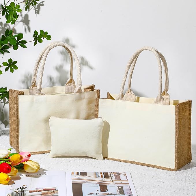 Handmakers Jute Tote Bags with Pouches – Set of 4 | Wedding & DIY Gifts