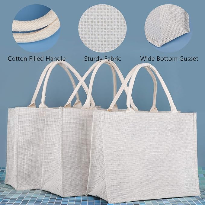 6 Pack White Jute Tote Bags with Handles – Large Reusable Burlap Gift Bags for Bridesmaids, Weddings, Shopping & Events