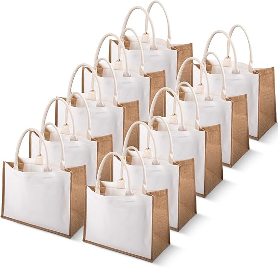 10 Pack Burlap Tote Bags Jute Tote Bags with Handles Reusable Blank Canvas Grocery Bag for Women Bridesmaid Wedding Gift DIY Beach Shopping, 12.6 x 8.3 x 5.1 Inch, White and Khaki