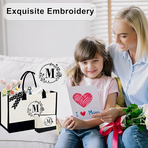Personalized Initial Canvas Tote Bag with Makeup Pouch – Custom Gift for Women, Bridesmaids, Teachers & Birthdays
