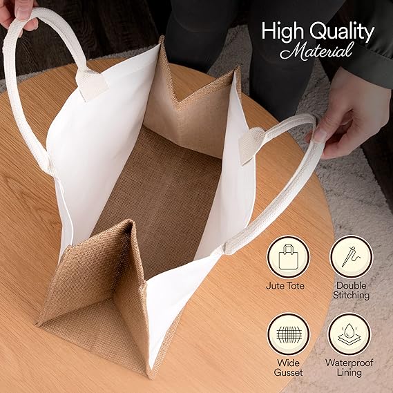 10 Pack Burlap Jute Tote Bags with Handles – Reusable White & Khaki Canvas Gift Bags for Shopping, Wedding & DIY Use