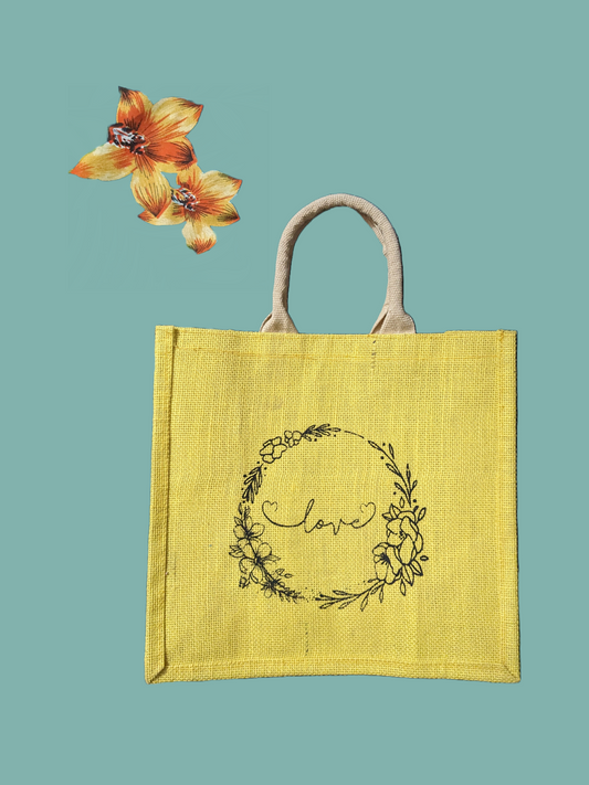 Love Printed Yellow Jute Bag