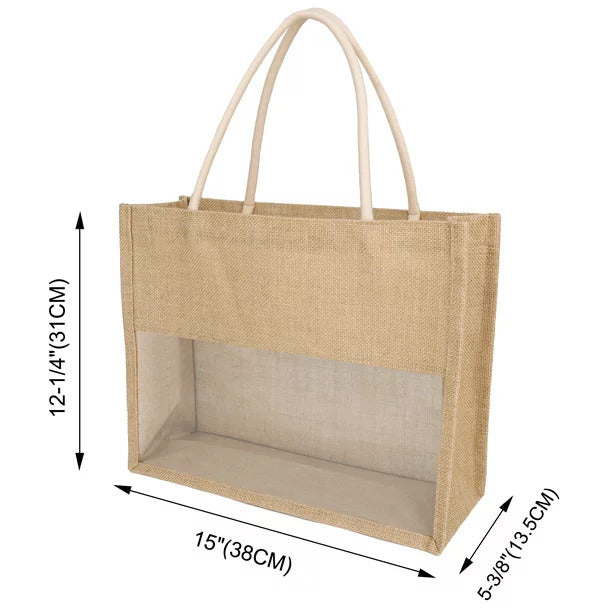 Handmakers Eco-Friendly Burlap Tote Bags with Clear PVC Window – Large Reusable Jute Gift Bags for Bridesmaids, Beach, Shopping & Bulk Gifting (15"x12.2"x5.3")