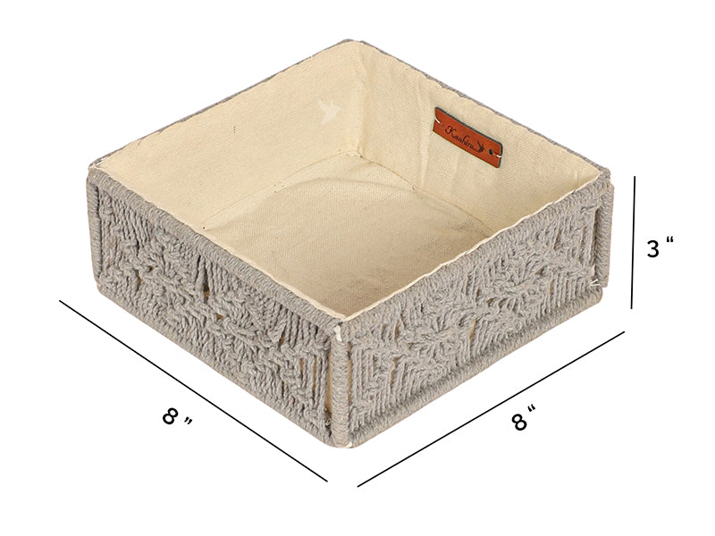 Handmakers Macramé Hamper Gift Basket – Grey | Handmade Cotton Rope Rectangular Tray Basket with Side Handles (10 x 14.5 x 4.3 Inch) | Storage Organizer for Shelf, Fruits, Gifting & Home Décor