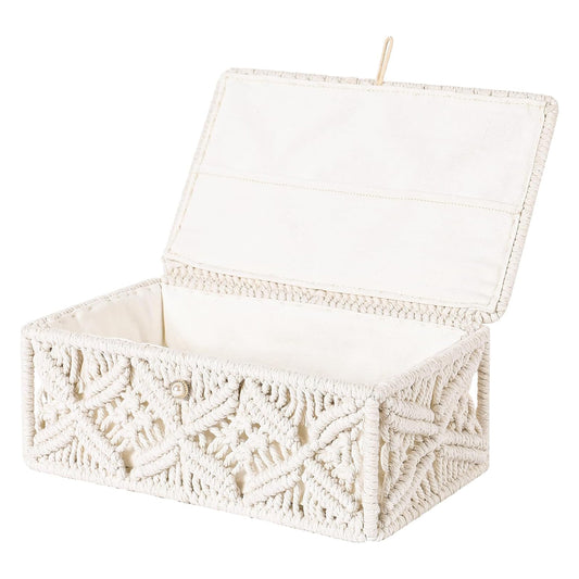 Handmakers Rectangle Storage Box with Lid – Off White | Handmade Cotton Rope Organizer Basket with Cover | Decorative Storage Bin for Bedroom, Living Room, Closet & Home Décor