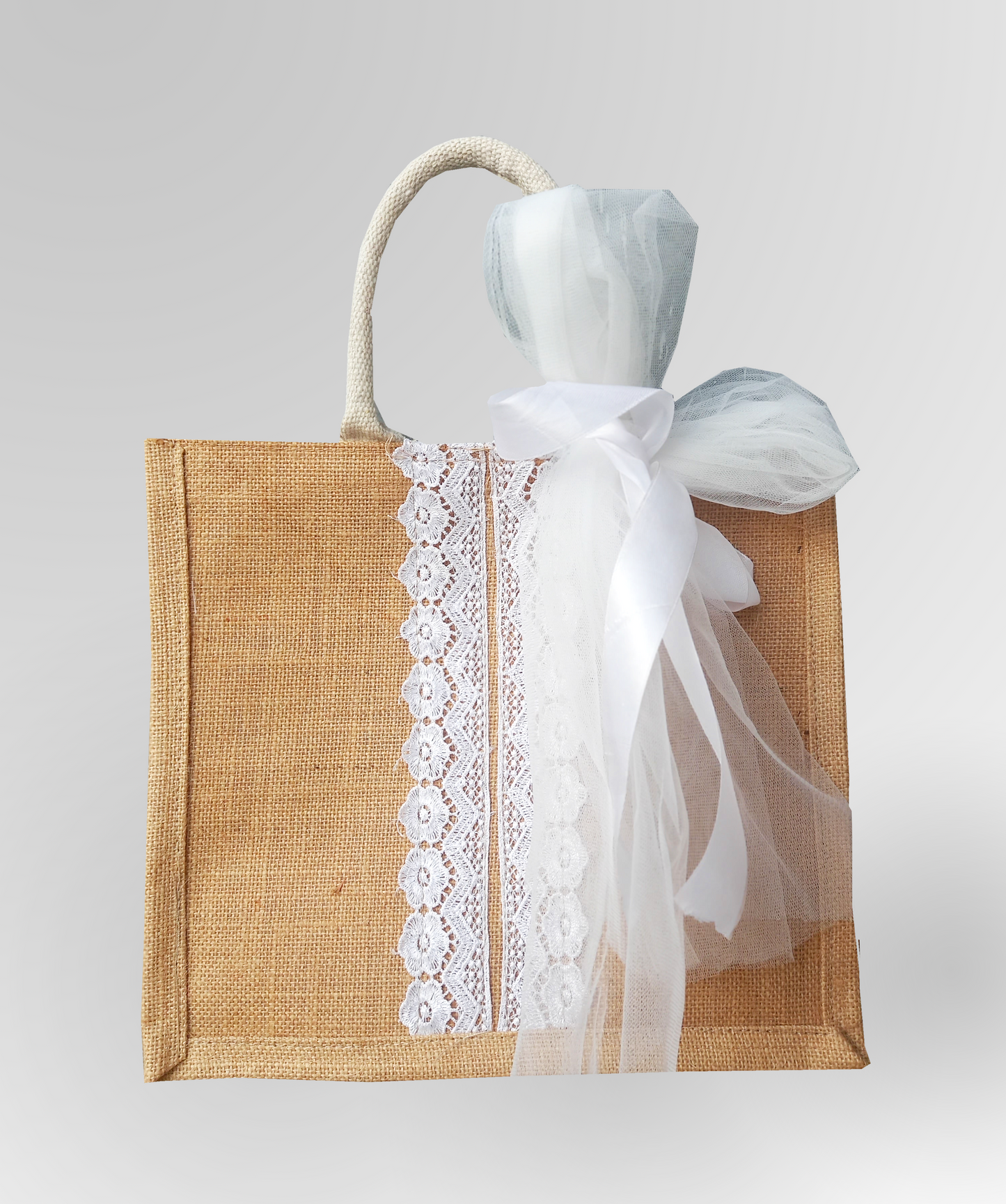 Pack of 10 Handmakers Fancy Jute Gift Bags with Lace & Bow | Wedding Return Bags, Shopping Totes, Tiffin Bags for Women, Eco-Friendly Lunch Bags