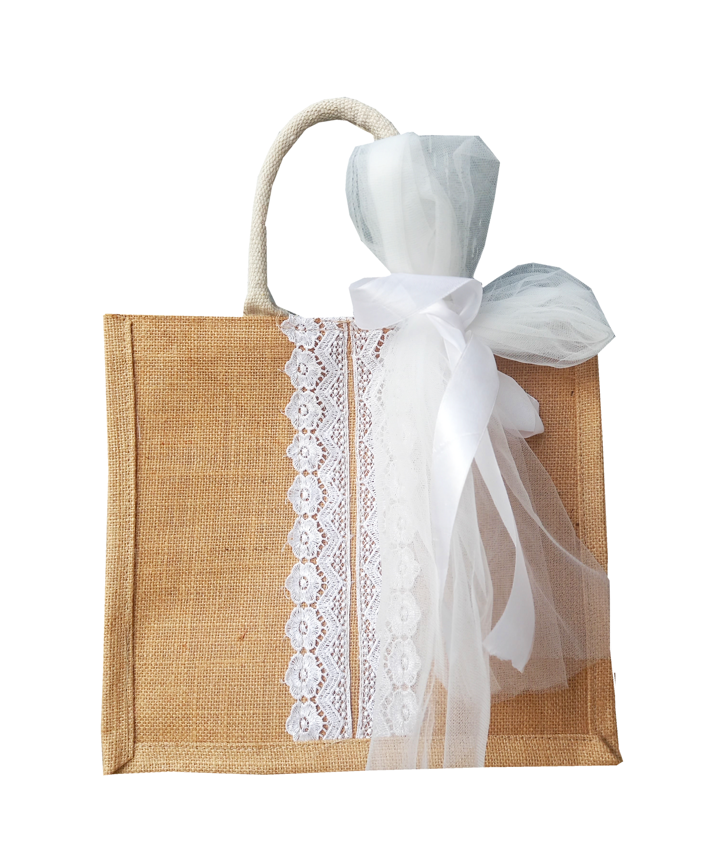 Pack of 10 Handmakers Fancy Jute Gift Bags with Lace & Bow | Wedding Return Bags, Shopping Totes, Tiffin Bags for Women, Eco-Friendly Lunch Bags
