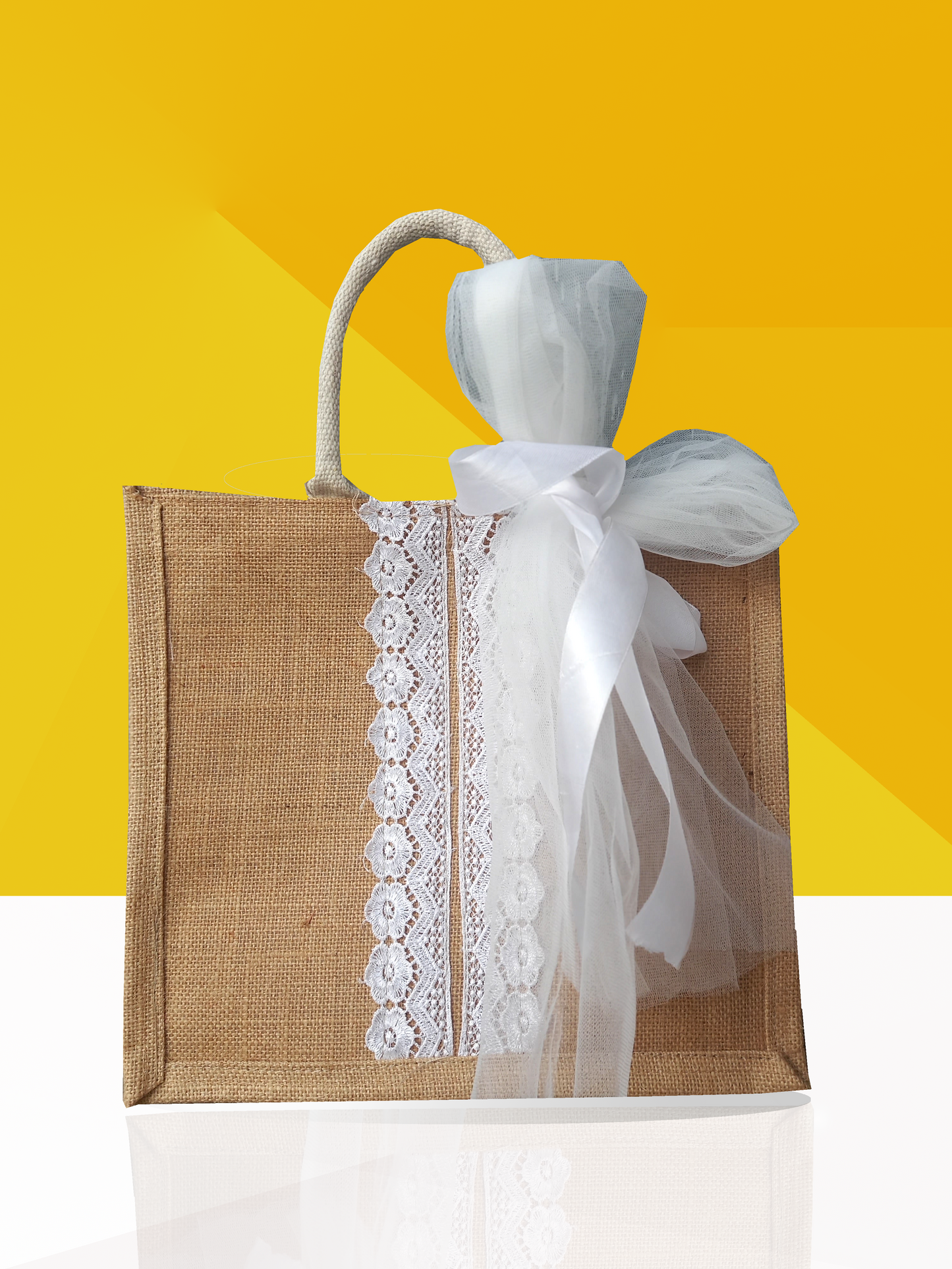 Handmakers Wedding Gift Jute Bags for Return Gifts with Bow and Lace Design Pack of 10