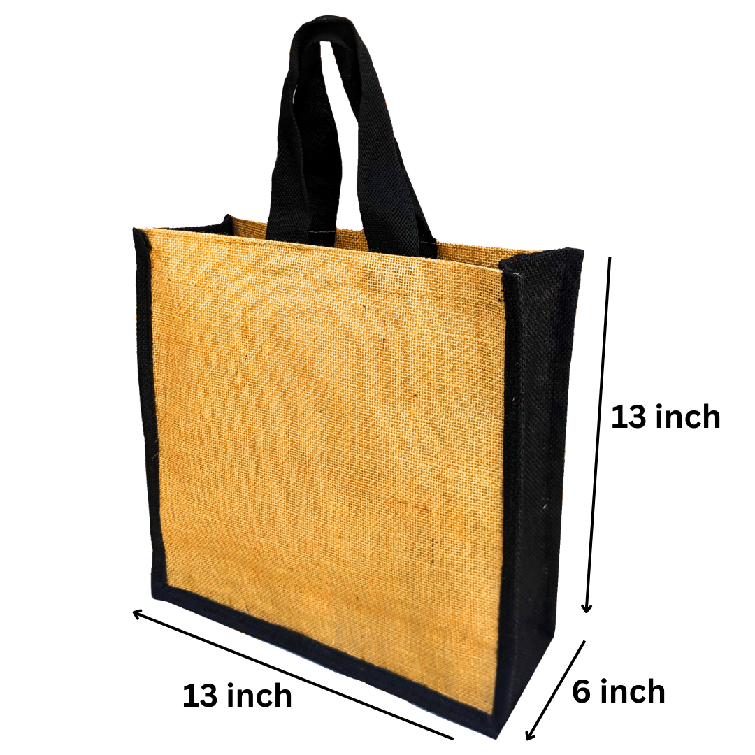 Black & Beige Jute Lunch Bag for Men and Women – Reusable Grocery Tote, Tiffin & Carry Bag, Eco-Friendly Return Gift Bag