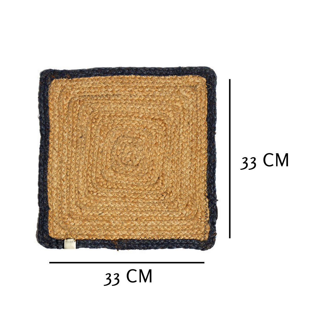 Natural Jute Beige and Blue Square Shape Placemats / table mats / Dinning mat ( Set of 6 )