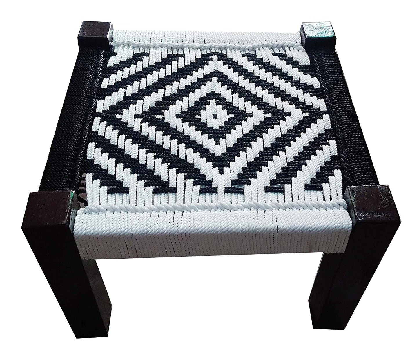 White & Black Wooden Chowki With Flower Design
