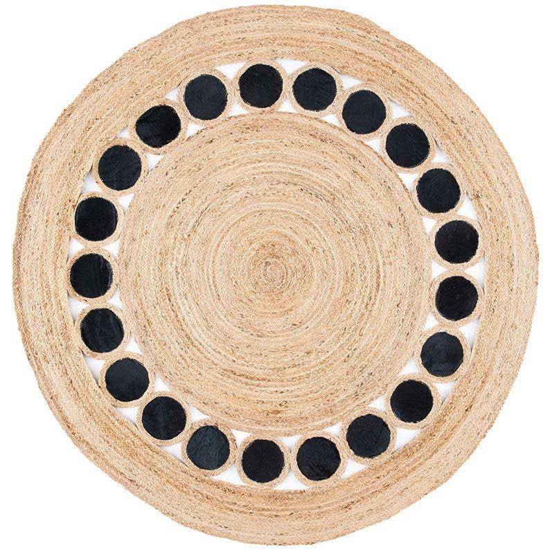jute rug with contrasting denim fabric and metallic cutting strips
