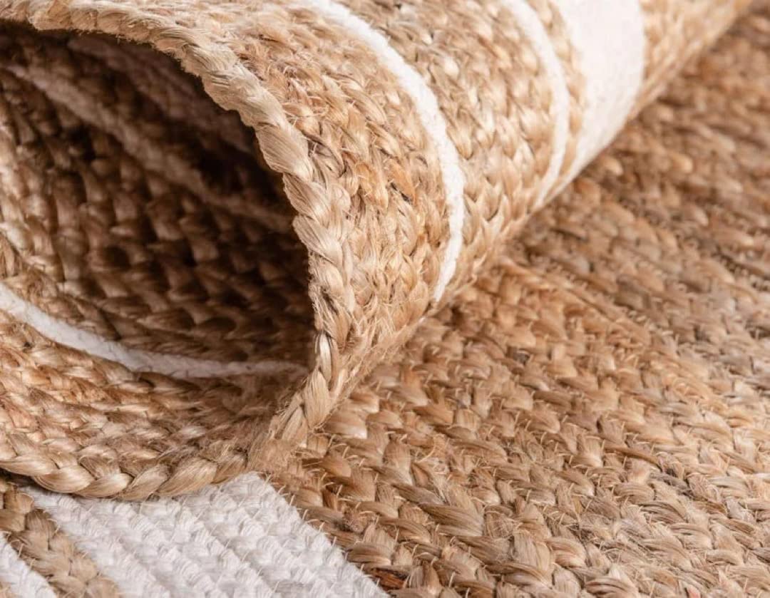 Natural Golden Jute Beige With White Oval Shape Runner - 3 X 5 FT