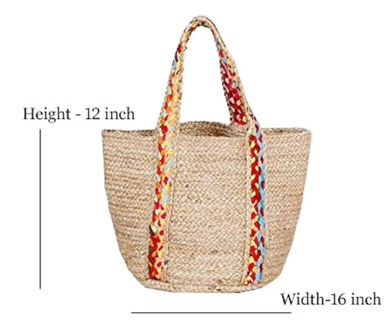 Jute Hand Bag With Chindi Strip Natural Pure White Jute Bag With Flower DesignHand Made Jute Bag