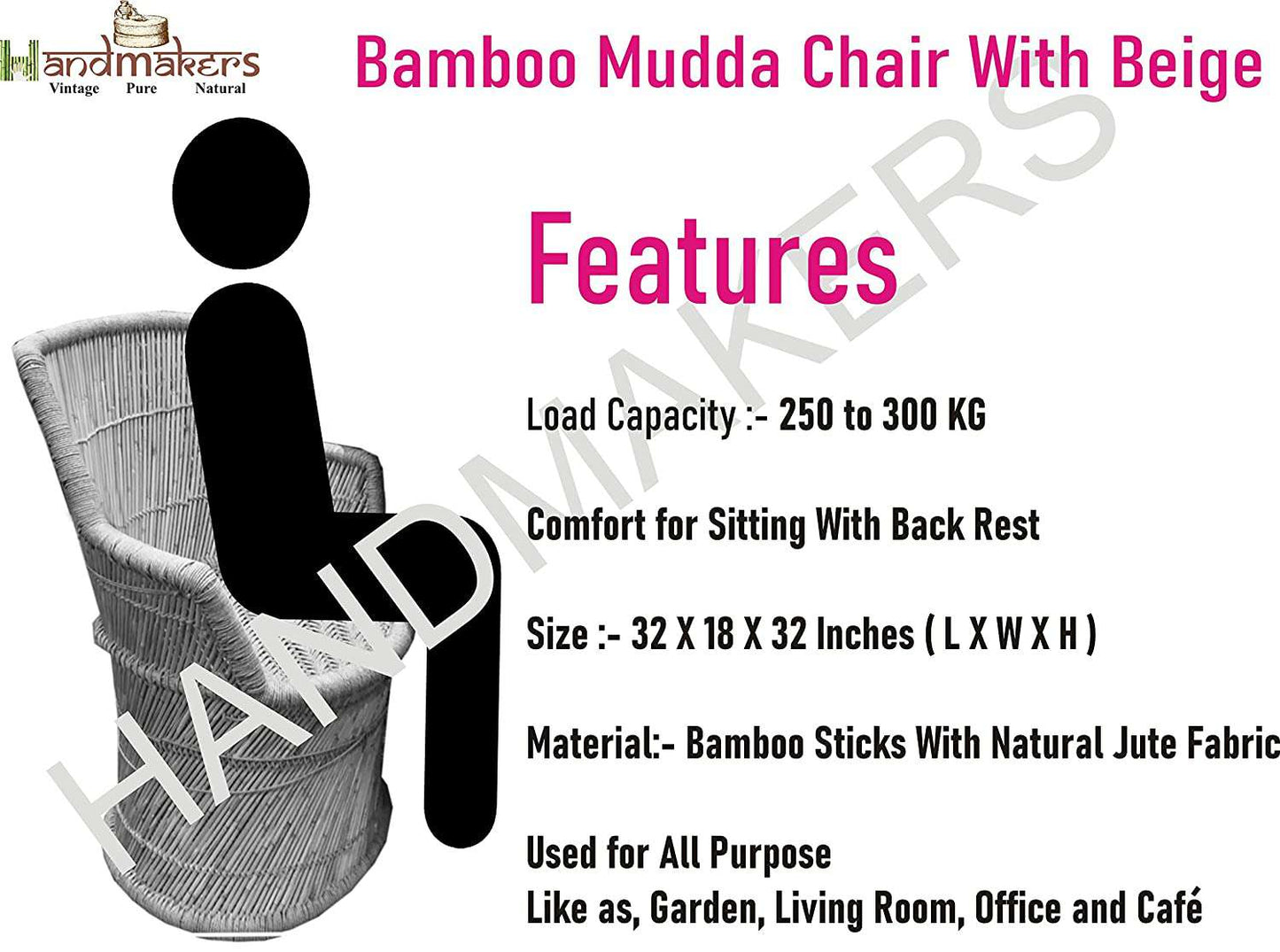 Handmakers ! Black & Beige Bamboo(SARKANDA) Chair With Stool