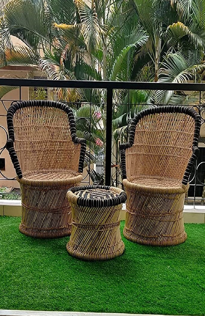 Bamboo Mudda Weaving Chair With Beige & Black Wave Design (2 chair + stool)