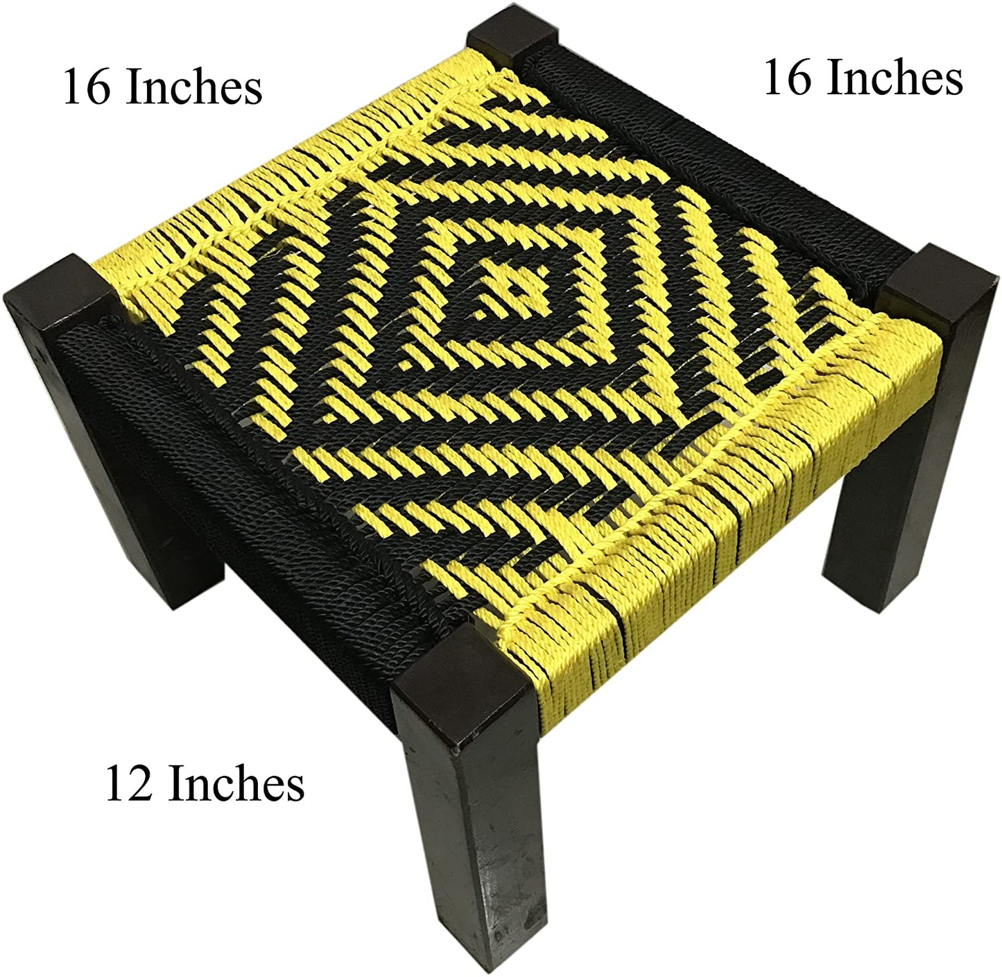 Wooden stool with yellow and black weaving for garden