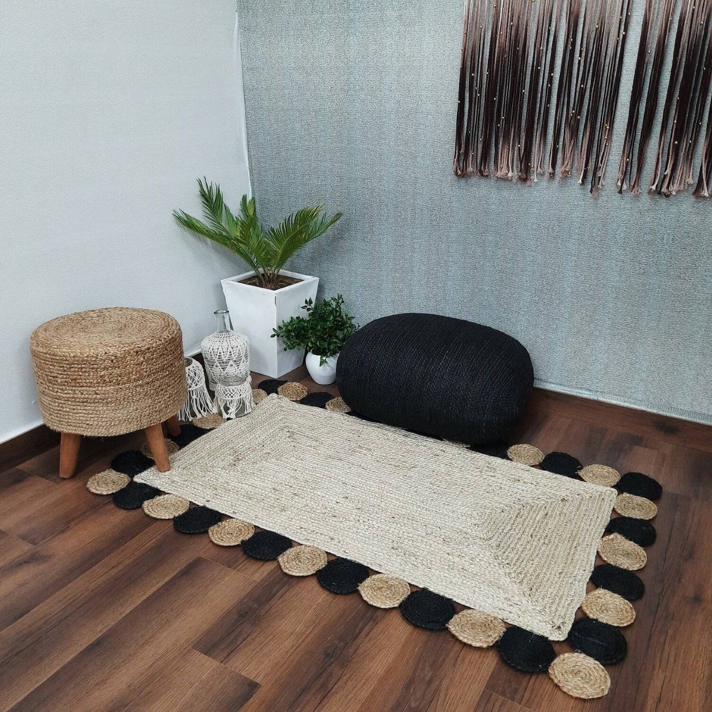 Beige Jute Floor Mat Rectangular Shape with Inner Circle- 3X 5 FT