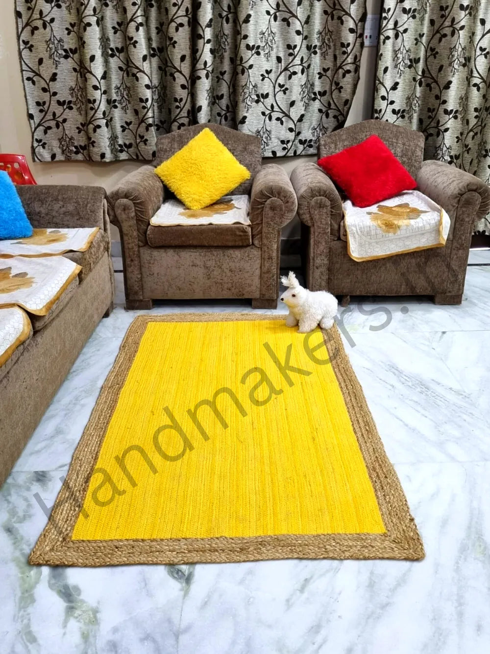 Handmakers Natural Rectangle Jute Carpet with Yellow color