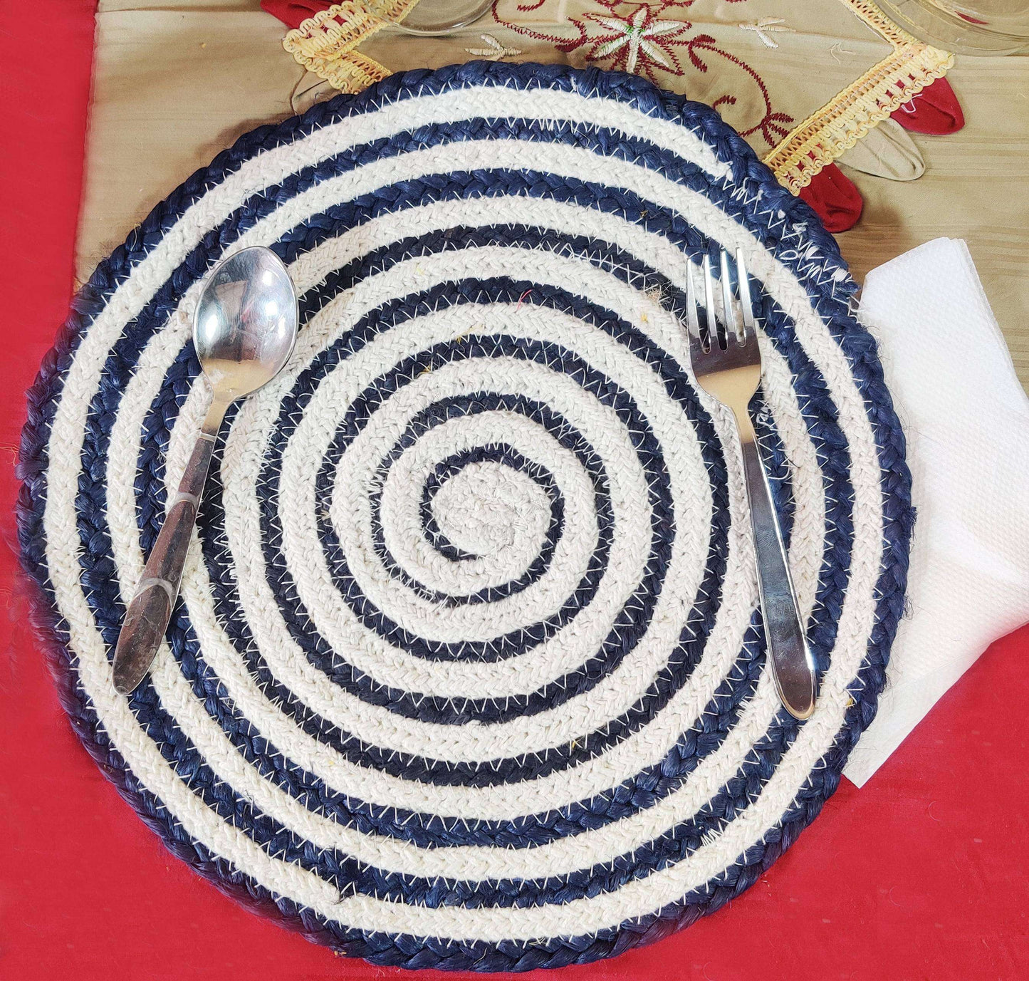 Jute Place Mats With White and Blue  SET of 4 Pcs- 30 CM