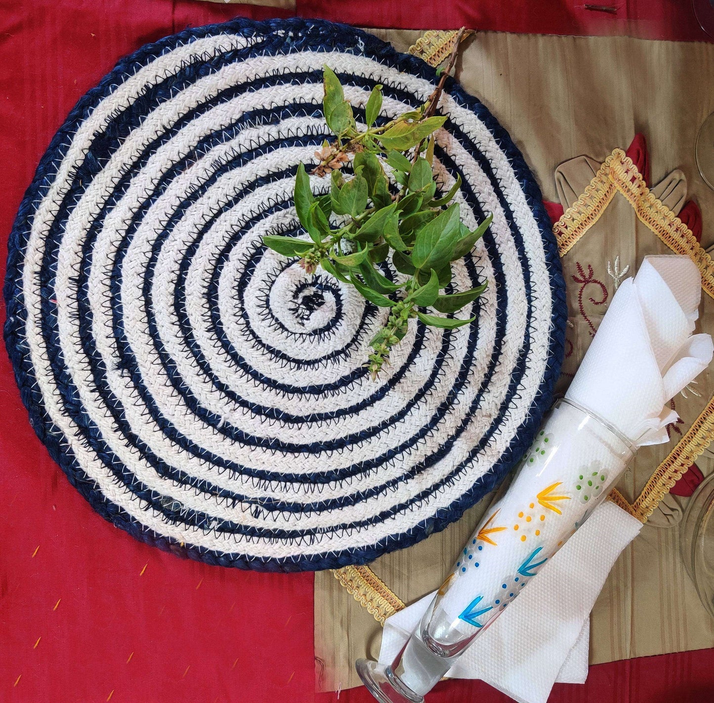 Jute Place Mats With White and Blue  SET of 4 Pcs- 30 CM