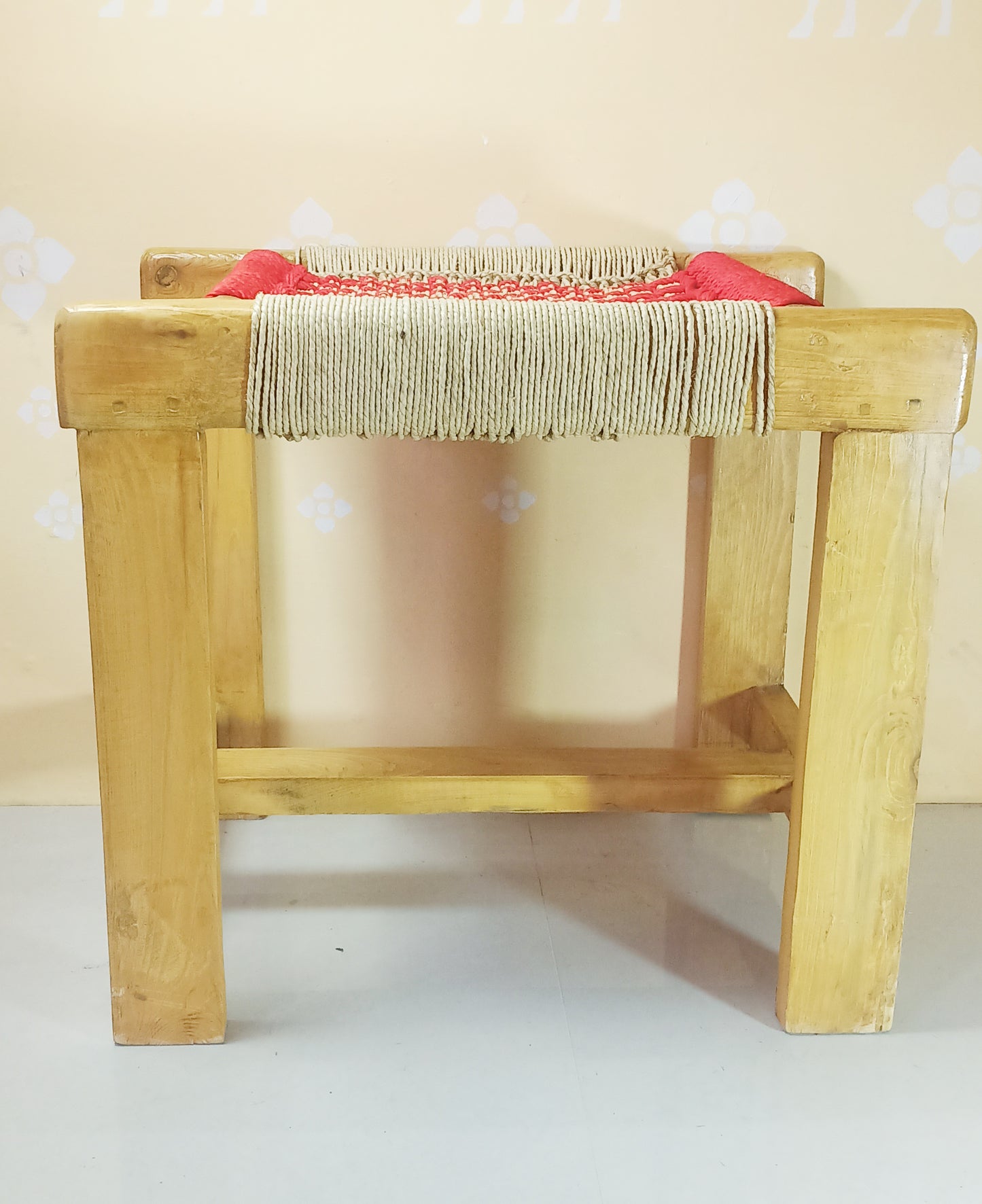 Red & Beige Wooden Weaving Chowki With Chess Board Design