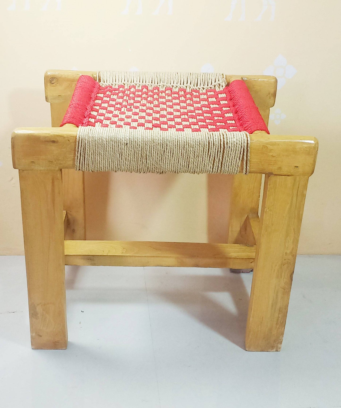 Red & Beige Wooden Weaving Chowki With Chess Board Design