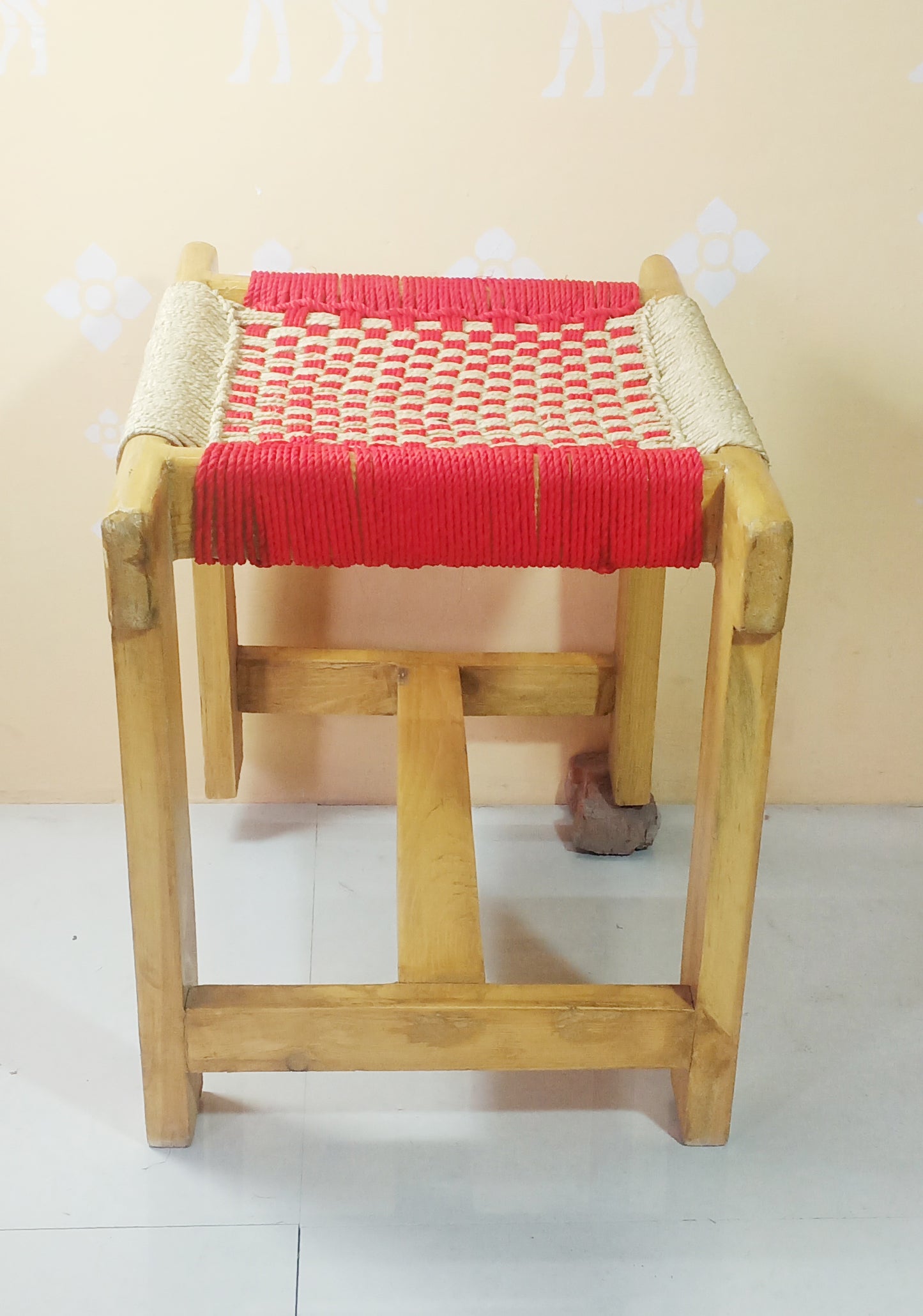 Red & Beige Wooden Weaving Chowki With Chess Board Design
