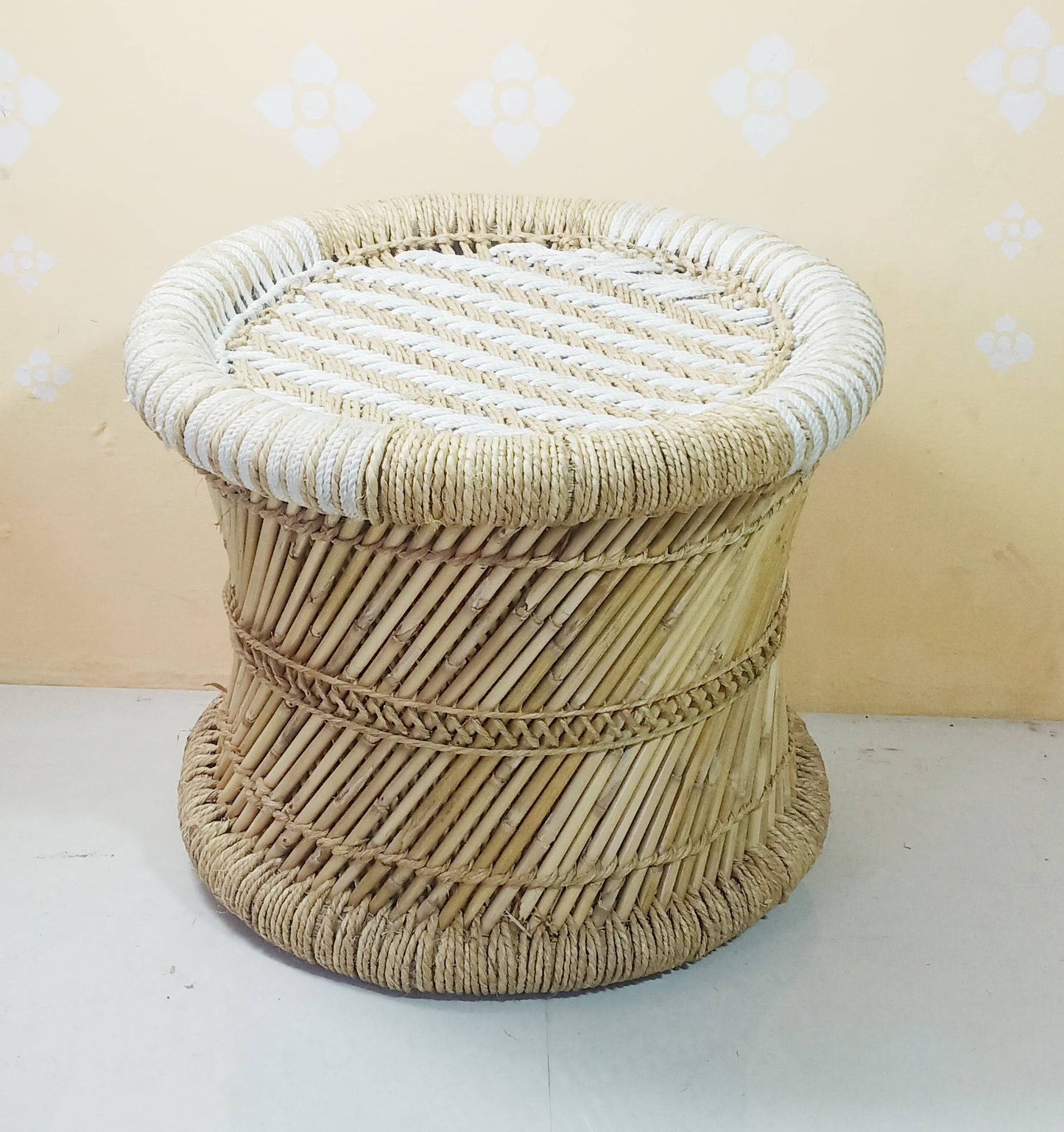 White and Beige Wave Design Bamboo Mudda Stool