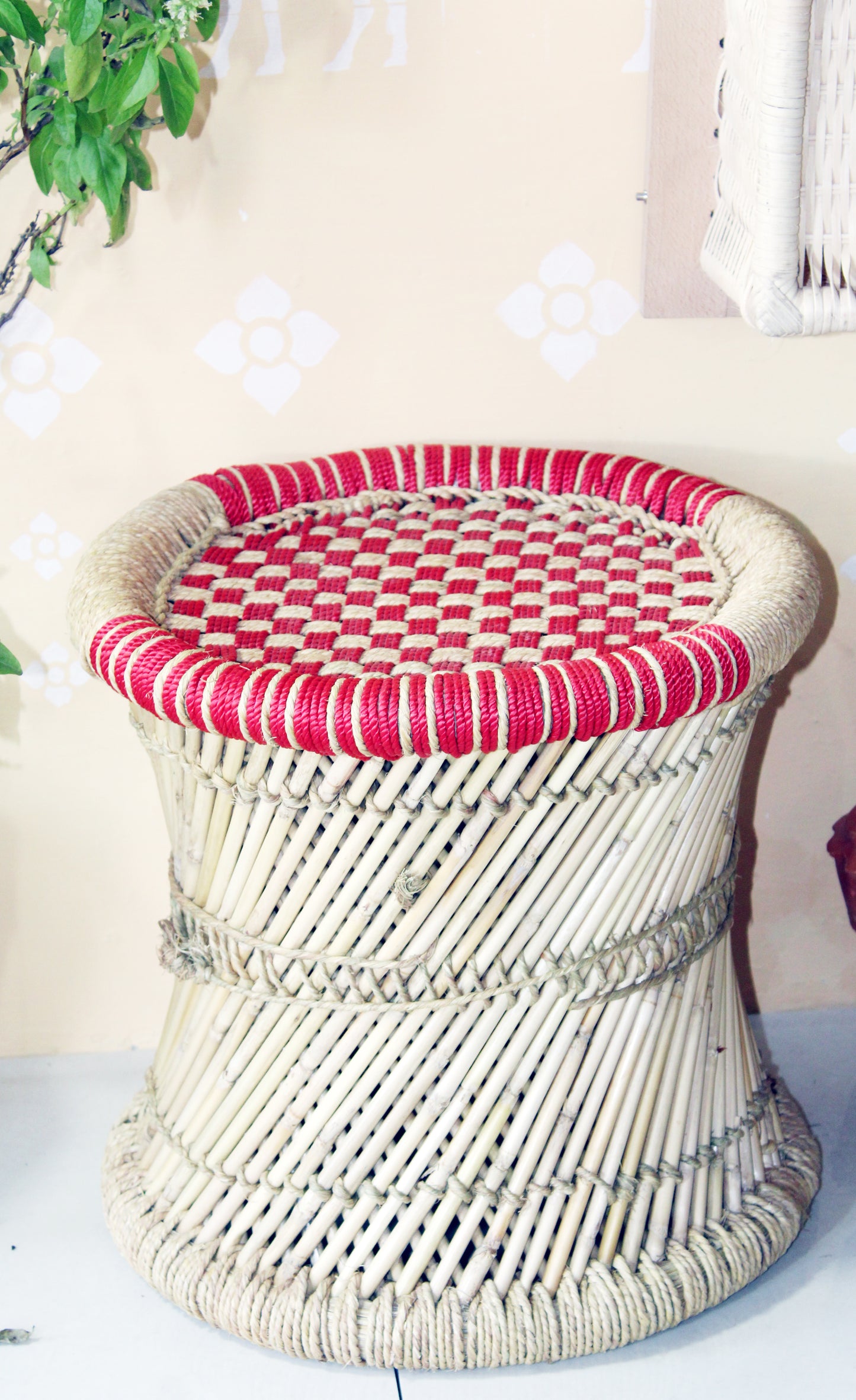 Red & Beige Bamboo Mudda Stool