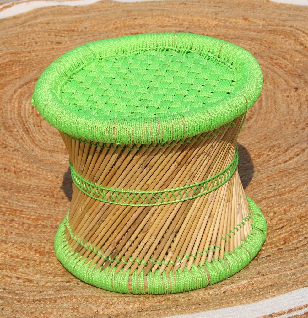 Green Bamboo Mudda Stool with Chess Board Design