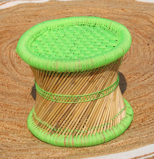 Green Bamboo Mudda Stool with Chess Board Design