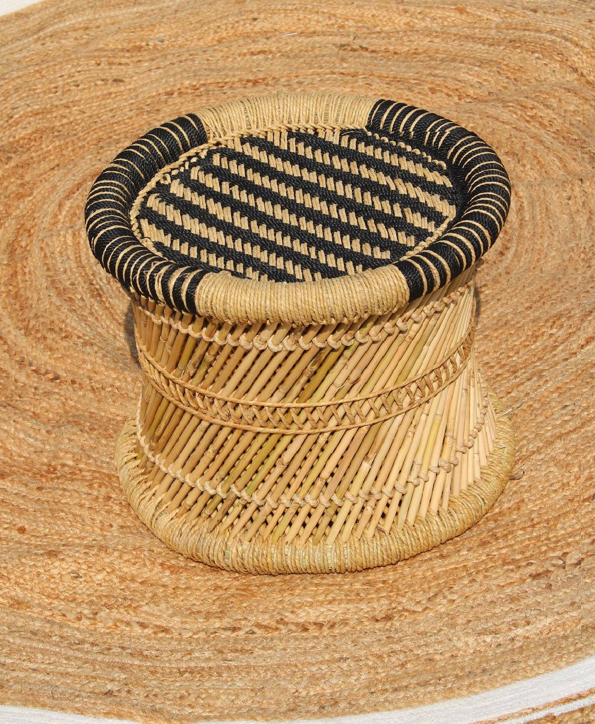 Handmakers Bamboo Mudda Stool for Sitting with Black Color Weave Design