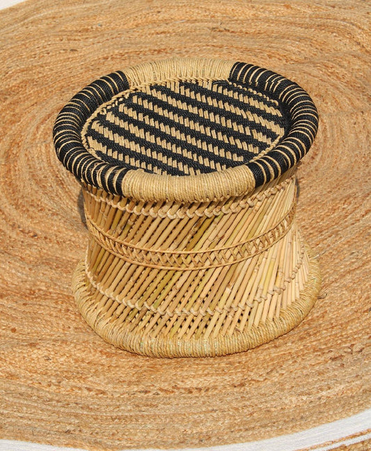 Handmakers Bamboo Mudda Stool  for Sitting with Black Color Weave Design