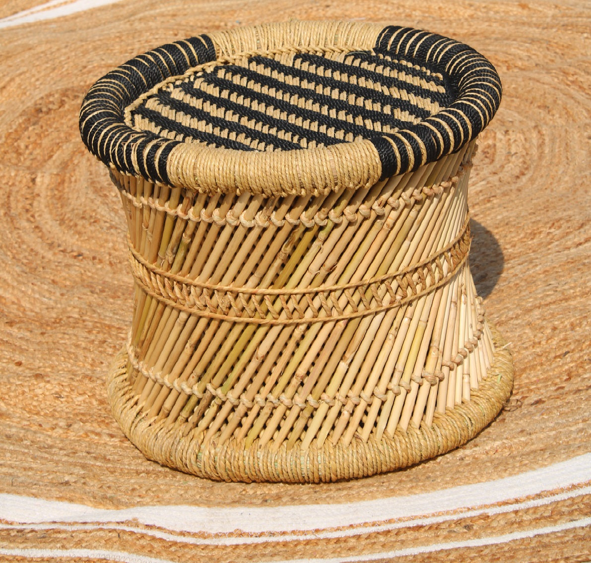 Handmakers Bamboo Mudda Stool for Sitting with Black Color Weave Design