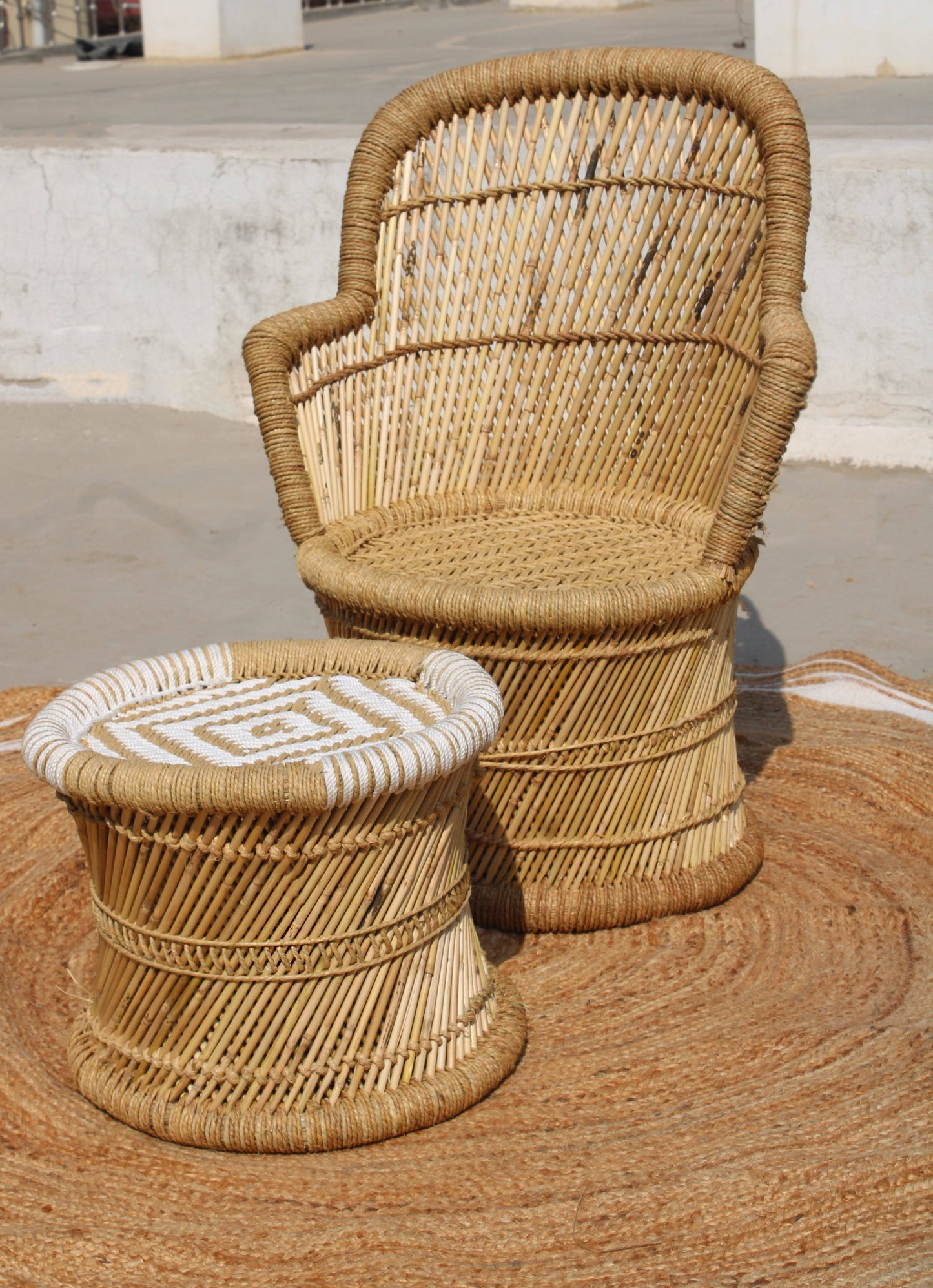 Bamboo Mudda Weaving Chair Set With Beige & White Combination Wave Design