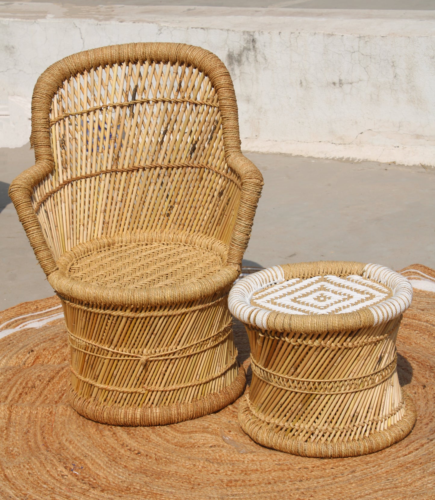 Bamboo Mudda Weaving Chair Set With Beige & White Combination Wave Design