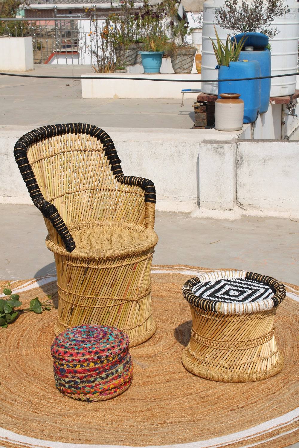Black Bamboo Chair With Flower Design White & Black Bamboo Mudda Stool