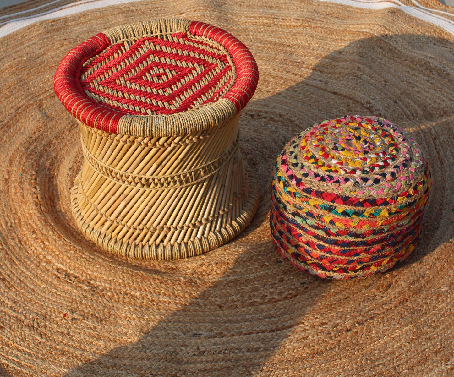 Bamboo Mudda Stool with Red & beige color