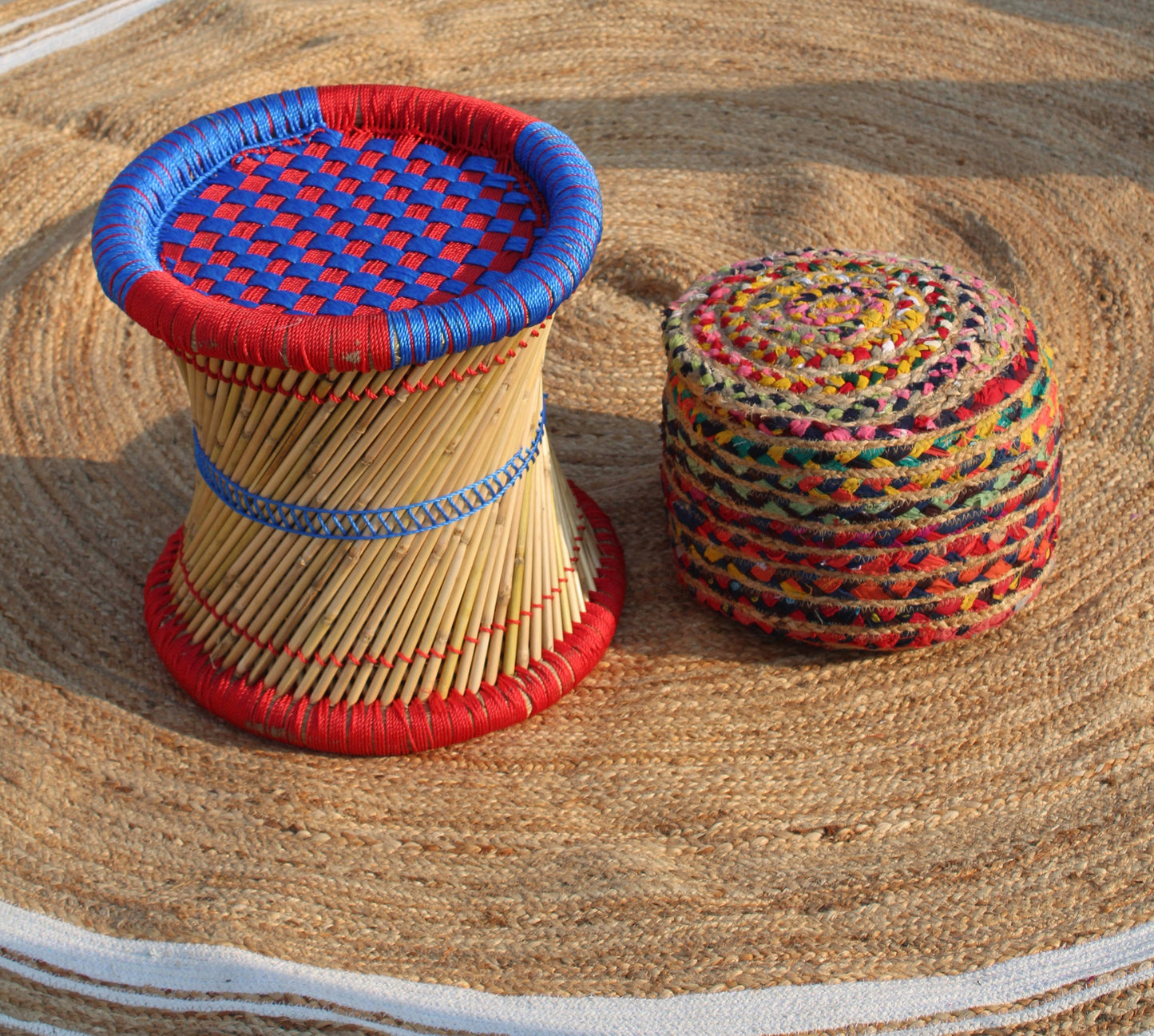 Natural Handmade Blue & Red Mudda Stool