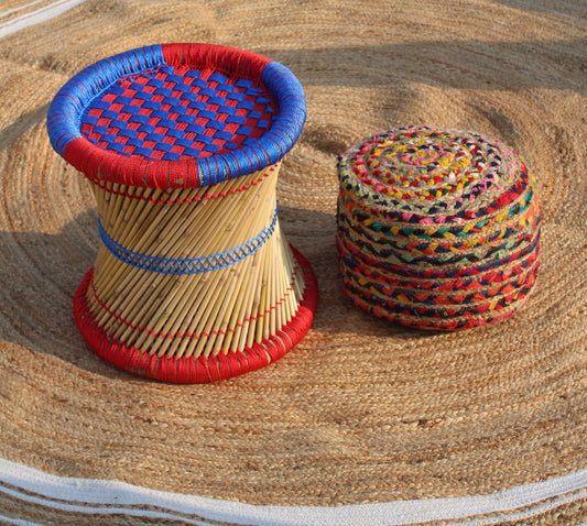 Natural Handmade Blue & Red Mudda Stool